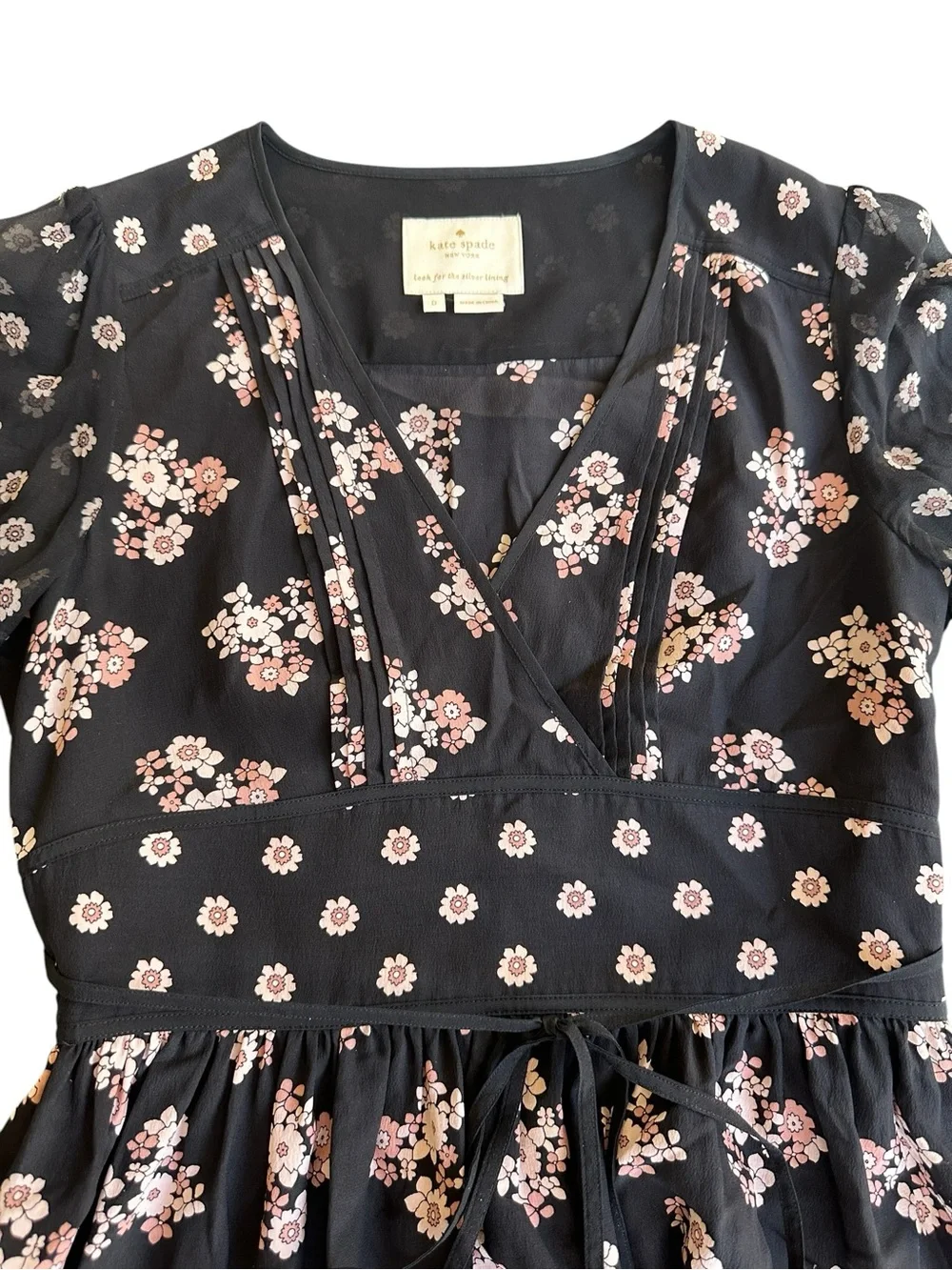 Kate Spade New York 100% Silk Black Floral Midi Dress Tassel Tie Size 0